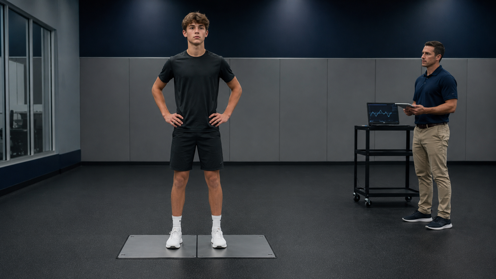 Youth athlete in the start position for a dual-force-plate jump assessment