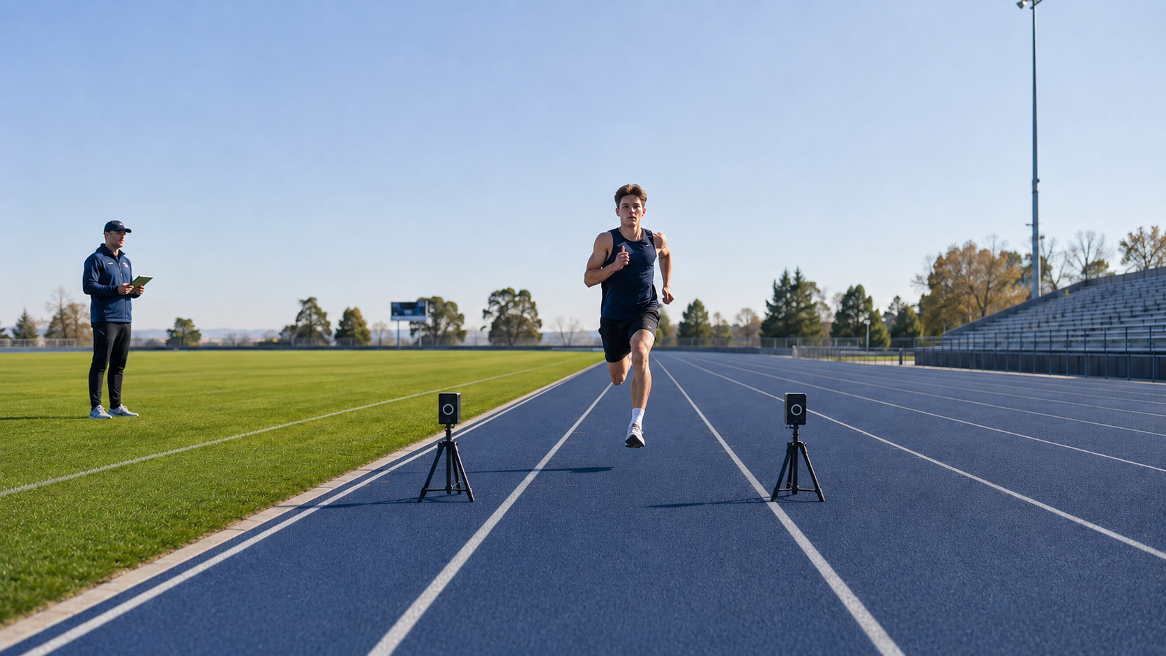 Youth athlete sprinting through a correctly positioned timing gate while a coach observes
